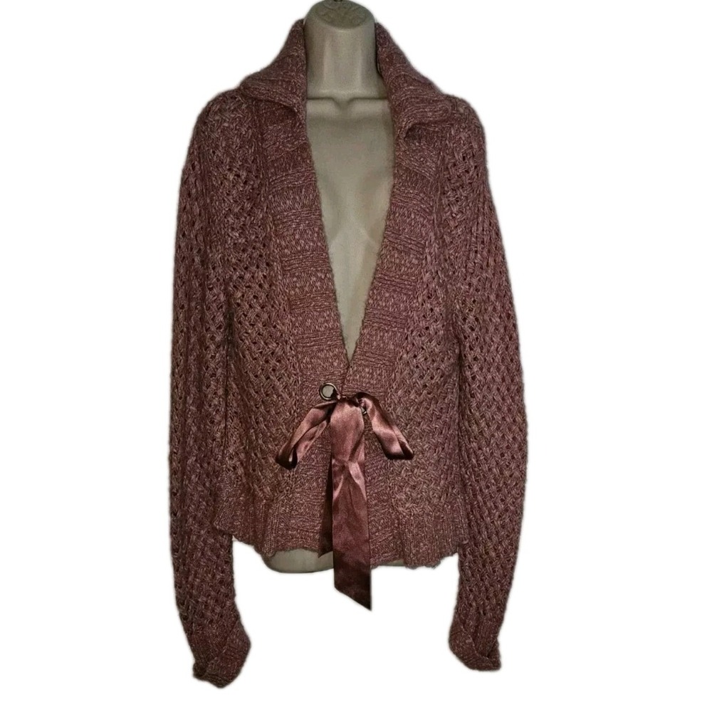 Soft Surroundings Mauve Ribbon‎ Tie Grommet Open Knit Cardigan Sweater Women's M